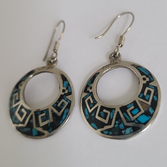 Vintage Sterling Silver Boho Western Mexico Turquoise Inlay Round Drop Earrings - Picture 9 of 12